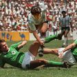 Diego Maradona evades a tackle from Lothar Matthaus in the 1986 World Cup final which saw Argentina beat West Germany 3-2