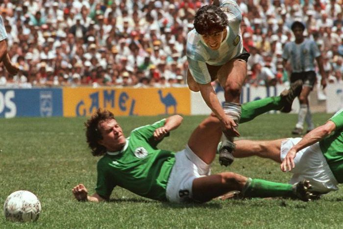 Diego Maradona evades a tackle from Lothar Matthaus in the 1986 World Cup final which saw Argentina beat West Germany 3-2