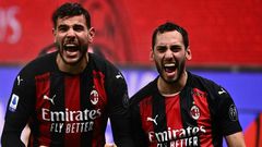 AC Milan's French defender Theo Hernandez (left) and Turkish midfielder Hakan Calhanoglu (right) have both tested positive for Covid-19