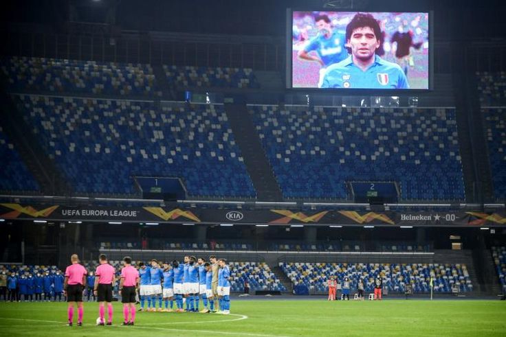Napoli players paid tribute to club legend Diego Maradona before their Europe League match in Naples.