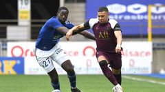 Kylian Mbappe (R) got PSG's opening goal in a 4-1 win at Strasbourg on Saturday
