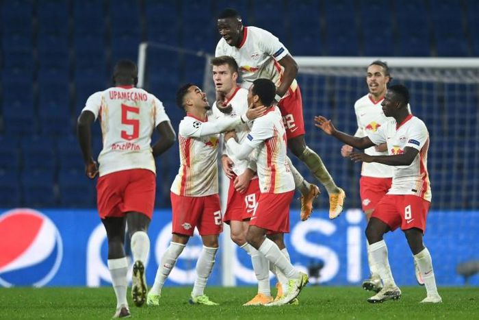 RB Leipzig players celebrate Alexander Sorloth's late winner in Istanbul