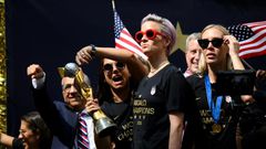 Members of the US women's soccer team celebrate their 2019 World Cup victory