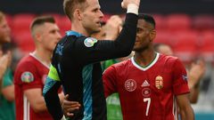 Hungary goalkeeper Peter Gulacsi celebrates after Saturday's 1-1 draw with France in Budapest