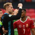 Hungary goalkeeper Peter Gulacsi celebrates after Saturday's 1-1 draw with France in Budapest