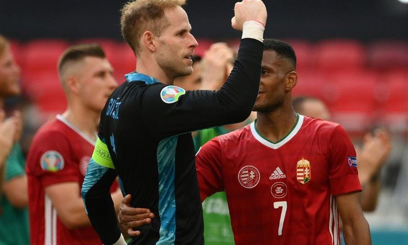 Hungary goalkeeper Peter Gulacsi celebrates after Saturday's 1-1 draw with France in Budapest