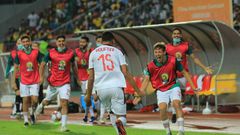 Soufiane Bouftini (C) celebrates scoring the first goal for Morocco in a 4-0 African Nations Championship sem-final victory over hosts Cameroon.