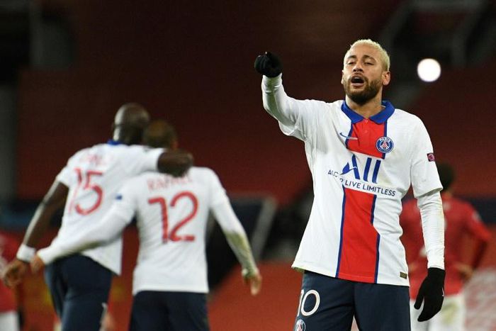 Neymar celebrates after scoring his second and Paris Saint-Germain's third goal in their Champions League win away to Manchester United on Wednesday
