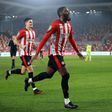 Brentford's Josh Dasilva celebrates his goal against Newcastle