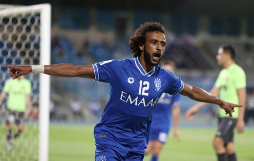 Yasir al-Shahrani celebrates the third goal for Saudi Arabia's Al Hilal in the 3-0 win against Uzbekistan's AGMK in AFC Champions League Group A on Tuesday