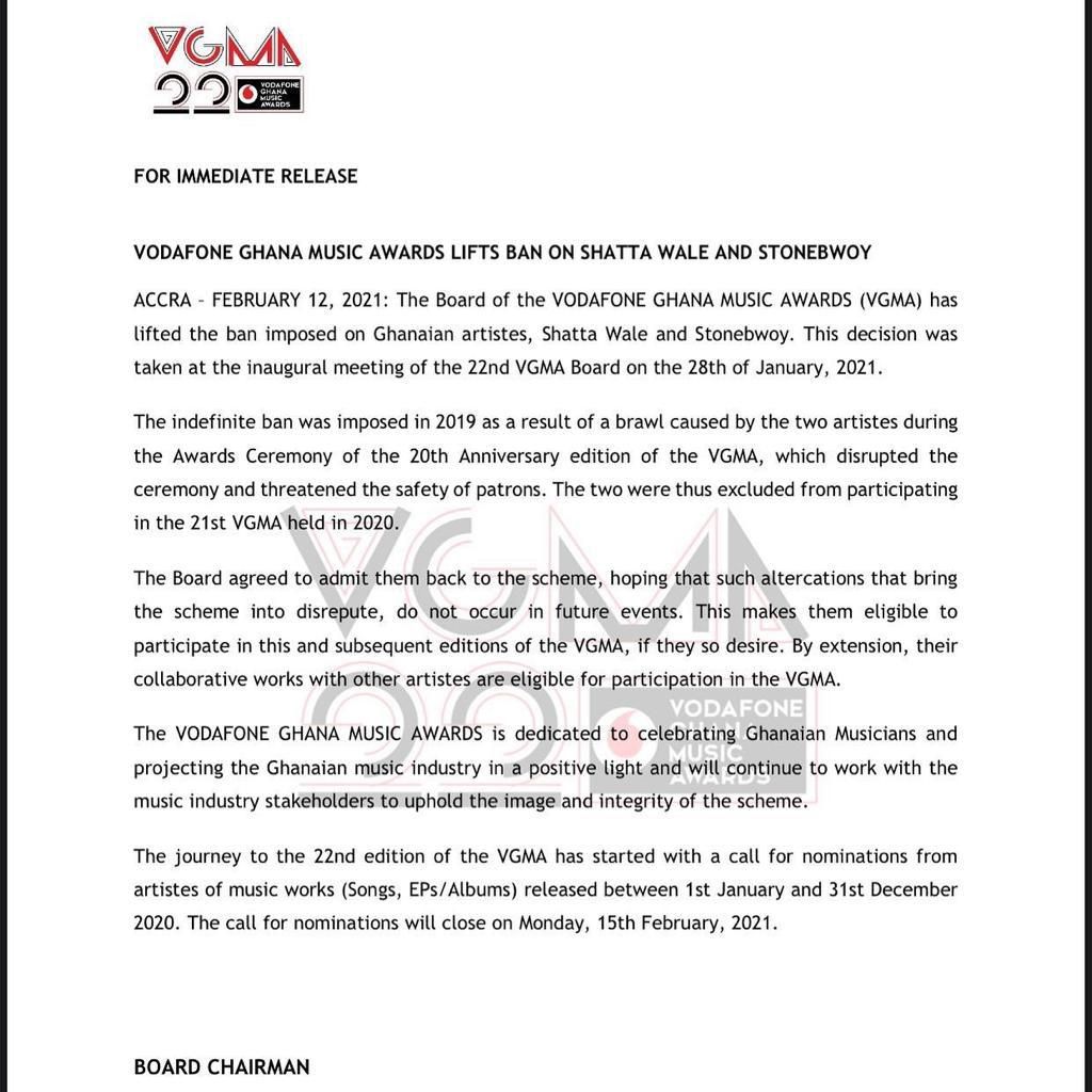 VGMA lifts ban on Shatta Wale and Stonebwoy