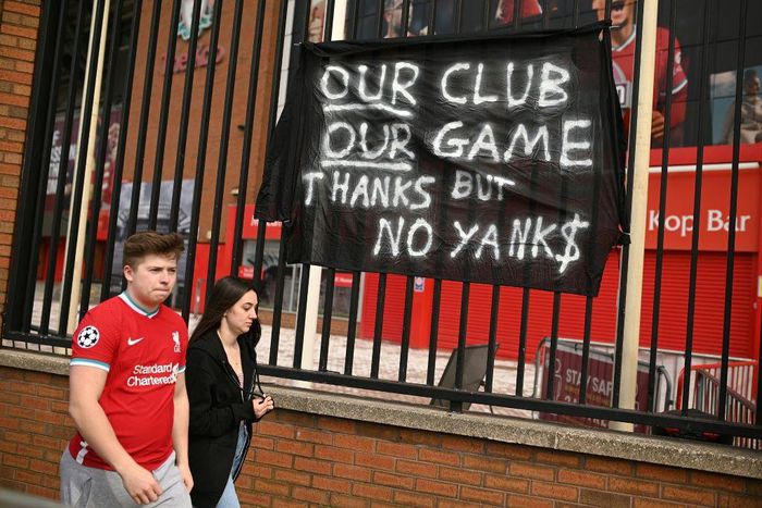 Banners protesting against Liverpool's American owners Fenway Sports Group (FSG) were hung outside Anfield