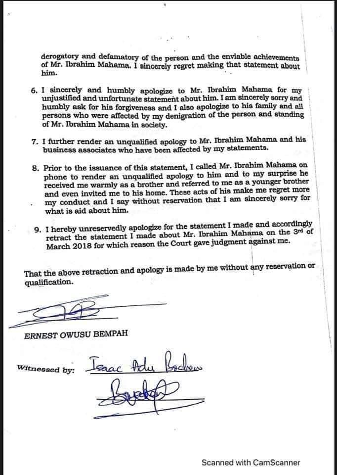 Owusu Bempah apology letter