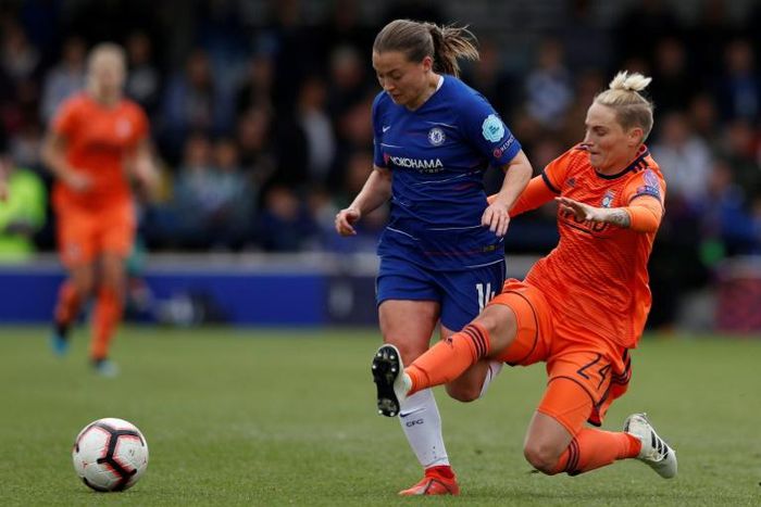 On target: Fran Kirby (centre) pictured in the Women's Champions League in 2019