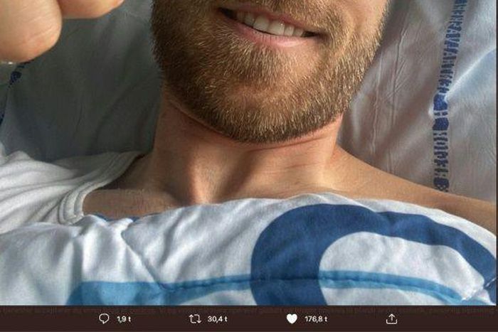Christian Eriksen giving the thumbs up from his hospital bed on Tuesday