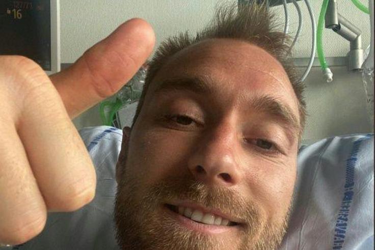 Christian Eriksen giving the thumbs up from his hospital bed on Tuesday