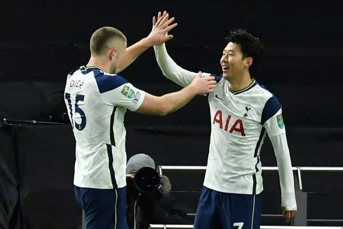 Son Heung-min (R) celebrates with Eric Dier after scoring for Tottenham