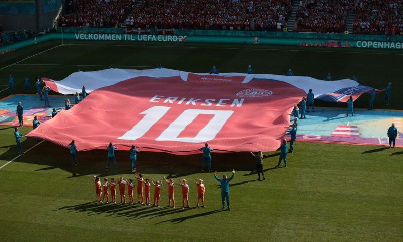 A giant Denmark shirt with Christian Eriksen's name and number was put on display before kick-off