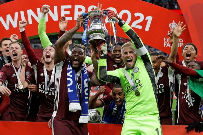 Leicester captain Kasper Schmeichel (centre, right) described winning the FA Cup as a dream come true