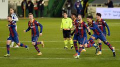 Barcelona celebrate their penalty shootout win over Real Sociedad in the semi-finals of the Spanish Super Cup