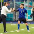 Ciro Immobile (R) celebrates Italy's third goal with coach Roberto Mancini