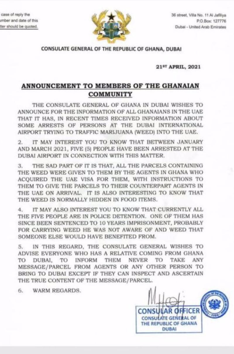 The consulate urged Ghanaians traveling to the UAE to never accept parcels meant for others without first ascertaining the contents of the parcel.