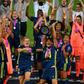 Japanese midfielder Saki Kumagai lifts the women's Champions League trophy after Olympique Lyon won last year's final against VfL Wolfsburg