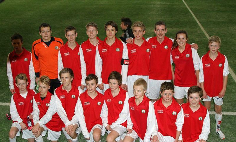 Photo taken on February 17, 2013, during a football tournament in Kristiansand shows Erling Braut Haaland (back row, R) posing next to fellow Bryne player Andrea Norheim
