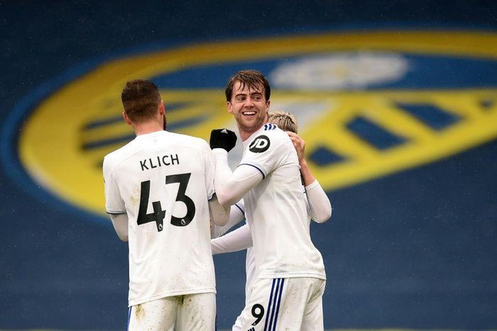 Leeds forward Patrick Bamford (centre) celebrates his goal against Tottenham