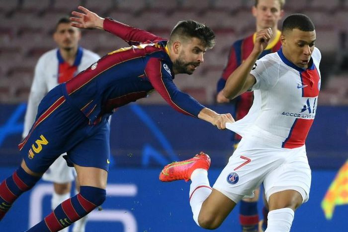 Gerard Pique's attempt, in vain, to halt Kylian Mbappe by tugging at the Frenchman's shirt summed up Barcelona's helplessness against the PSG superstar