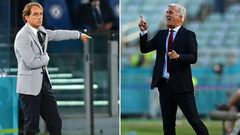 Italy coach Mancini (L) takes on Petkovic (R) in Rome