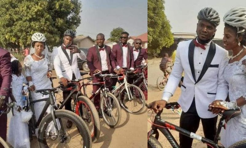 Female cyclist’s beautiful wedding full of bicycles; no car