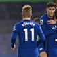 Chelsea midfielder Kai Havertz (C) celebrates against Everton
