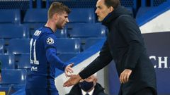 Chelsea coach Thomas Tuchel with Timo Werner during their Champions League semi-final win over Real Madrid on Wednesday