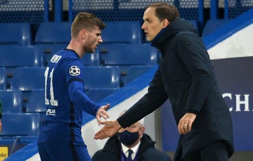 Chelsea coach Thomas Tuchel with Timo Werner during their Champions League semi-final win over Real Madrid on Wednesday