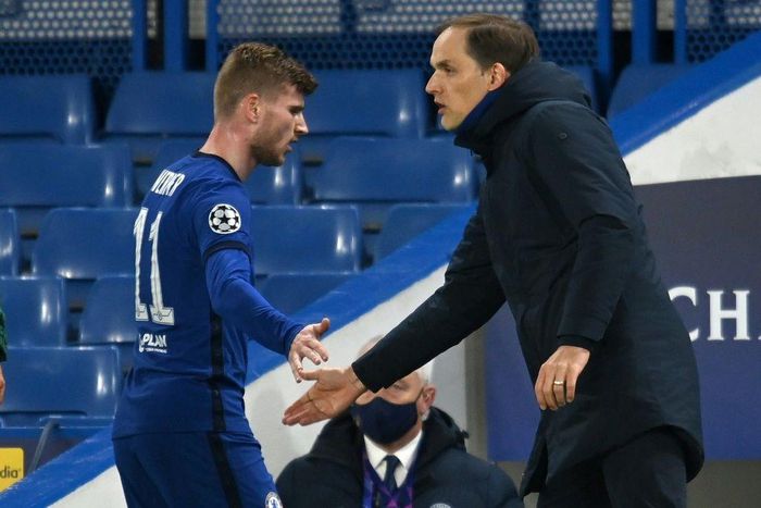 Chelsea coach Thomas Tuchel with Timo Werner during their Champions League semi-final win over Real Madrid on Wednesday