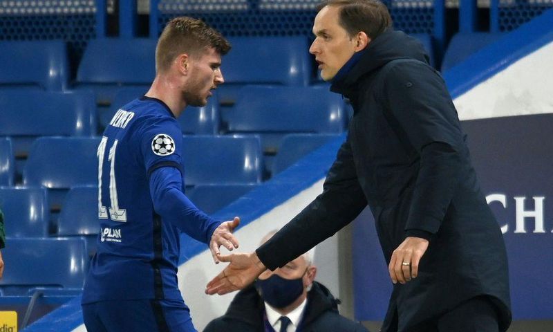 Chelsea coach Thomas Tuchel with Timo Werner during their Champions League semi-final win over Real Madrid on Wednesday