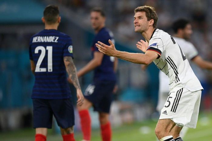 Germany forward Thomas Mueller shows his frustration in Tuesday's defeat to France