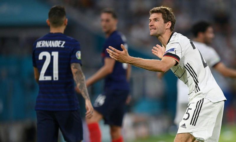 Germany forward Thomas Mueller shows his frustration in Tuesday's defeat to France