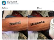 Man amends girlfriend’s name tattooed on his arm from Naomi to Indomie