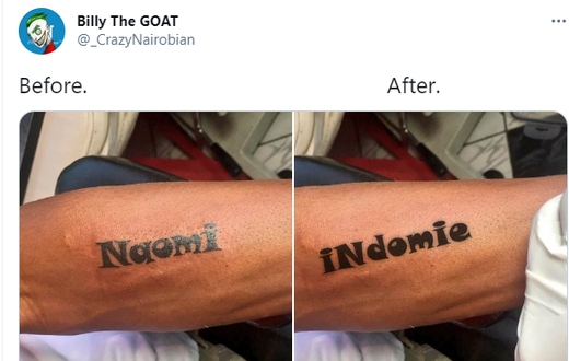 Man amends girlfriend’s name tattooed on his arm from Naomi to Indomie