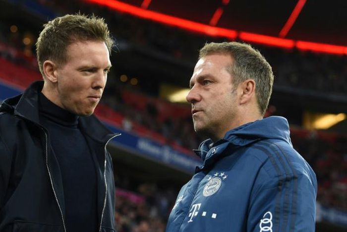 Julian Nagelsmann (L) hopes RB Leipzig can earn their first win at Bayern Munich, coached by Hansi Flick (R)