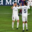 Real Madrid needed an unlikely double from Varane (R) to beat Huesca