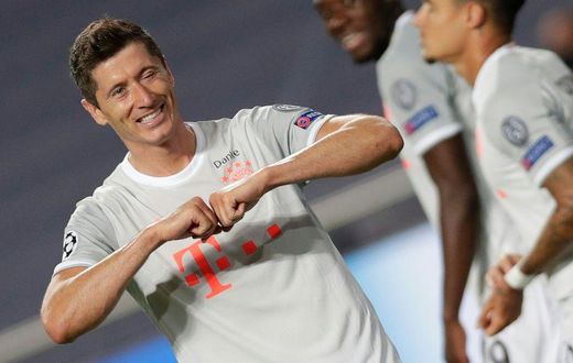 Robert Lewandowski celebrates scoring Bayern Munich's sixth goal in the 8-2 thrashing of Barcelona in Lisbon last August