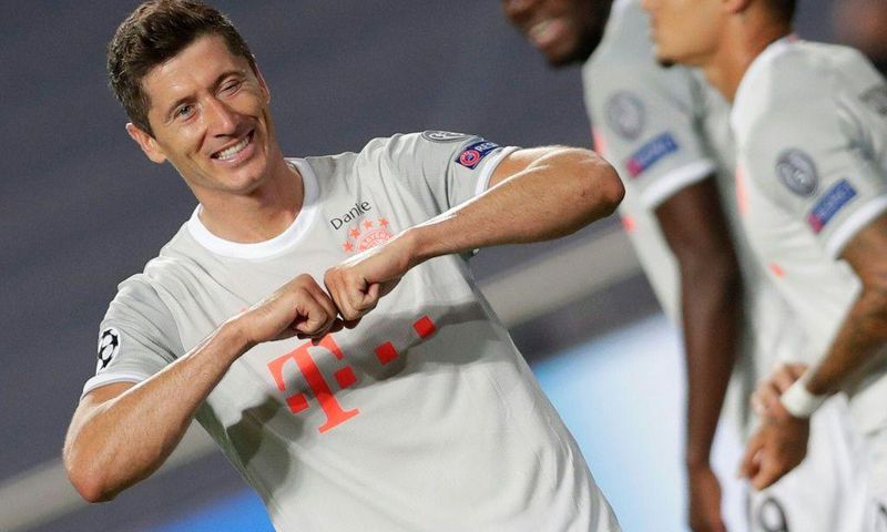 Robert Lewandowski celebrates scoring Bayern Munich's sixth goal in the 8-2 thrashing of Barcelona in Lisbon last August