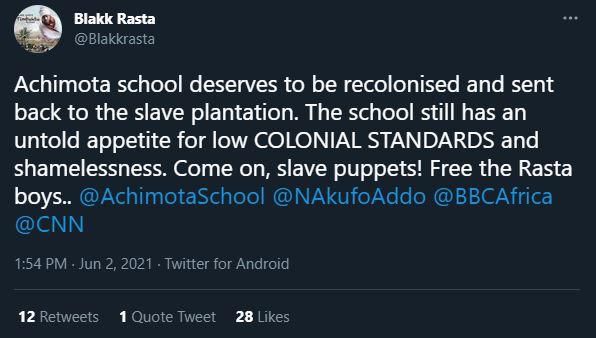 Blakk Rasta's tweet on Achimota School