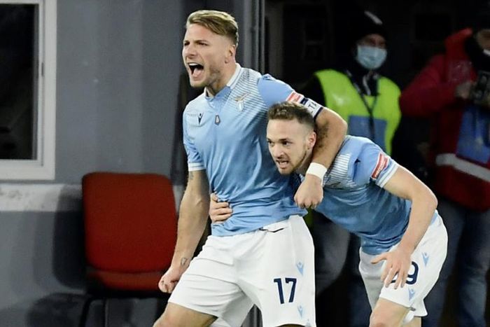 Manuel Lazzari (R) celebrates Ciro Immobile's goal during January's win over Roma
