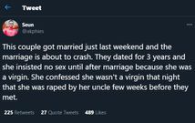 Man finds out on wedding night bride is not a virgin after 3 years of no sex before marriage