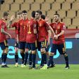 On target: Spain's players celebrate Ferran Torres' goal