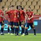 On target: Spain's players celebrate Ferran Torres' goal